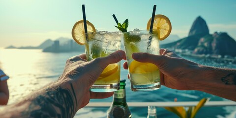 Cocktail on the background of the sea and the island - obrazy, fototapety, plakaty