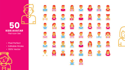 Set of 50 Flat Icons Related to Kids Avatar. Pixel Perfect Icon. Flat Icon Collection. Fully Editable. Vector Illustration.