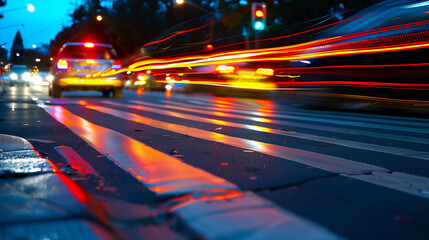 Long exposure shot of moving vehicles on a busy street.