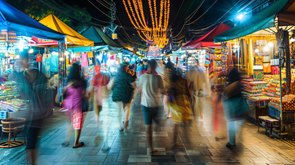 Motion blur walking people in night market.