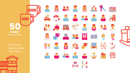 Set of 50 Flat Icons Related to Family. Pixel Perfect Icon. Flat Icon Collection. Fully Editable. Vector Illustration.