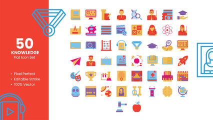Set of 50 Flat Icons Related to Knowledge. Pixel Perfect Icon. Flat Icon Collection. Fully Editable. Vector Illustration.