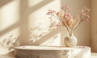 "Minimalistic Empty Podium and Mockup with Dried Flowers - Captivating Stock Image"