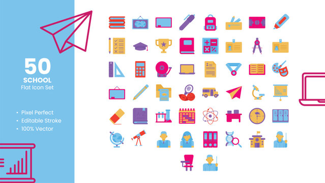 Set of 50 Flat Icons Related to School. Pixel Perfect Icon. Flat Icon Collection. Fully Editable. Vector Illustration.
