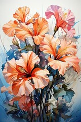 a painting of orange and pink flowers on a blue background