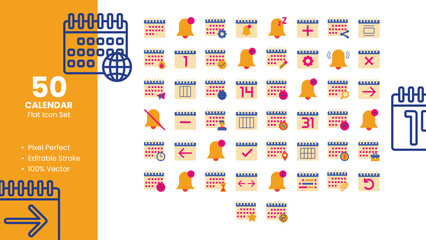 Set of 50 Flat Icons Related to Calendar. Pixel Perfect Icon. Flat Icon Collection. Fully Editable. Vector Illustration.
