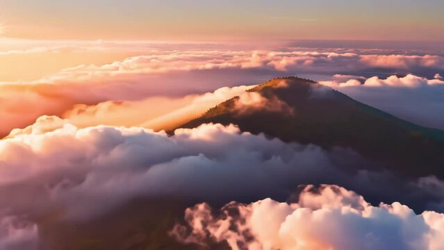 Mountain Majesty: Sky, clouds, and sunlight blend in a stunning display as day transitions to night over majestic mountain peaks in a beautiful summer evening view