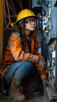 Industrial Female  Electrician Troubleshooting Electrical Cabinet
