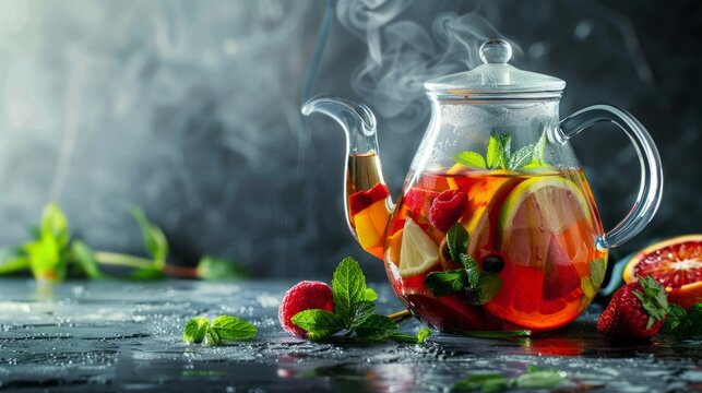 Homemade healthy hot fruit tea with fresh ripe orange, apple, mint leaves and twigs of thyme in glass teapot or kettle on grey kitchen background.