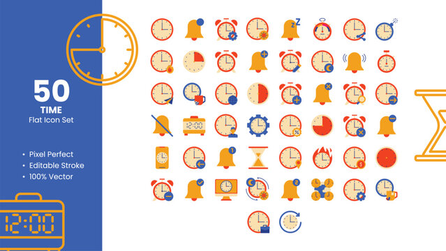 Set of 50 Flat Icons Related to Time. Pixel Perfect Icon. Flat Icon Collection. Fully Editable. Vector Illustration.