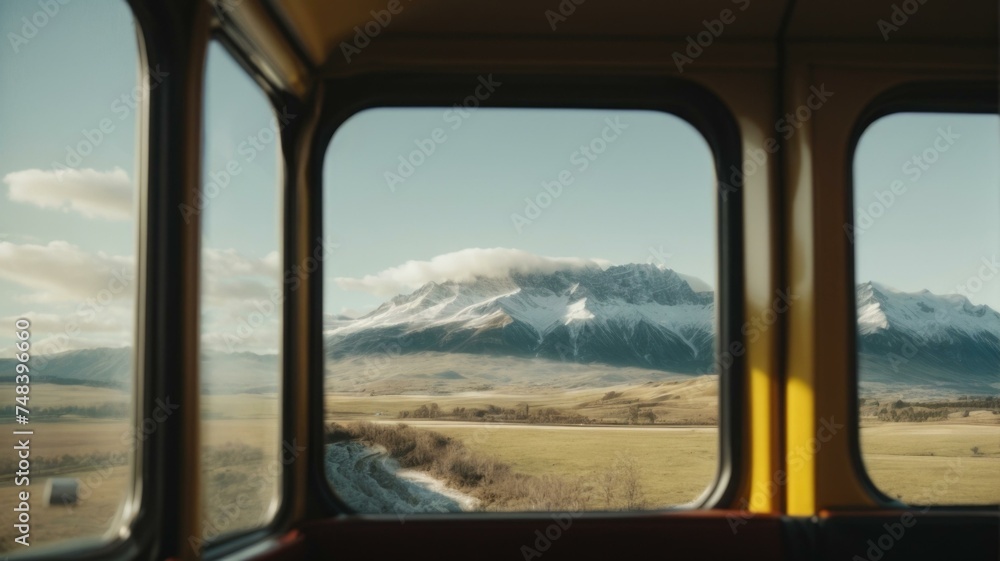 Poster a view of a mountain from inside a train. generative ai.