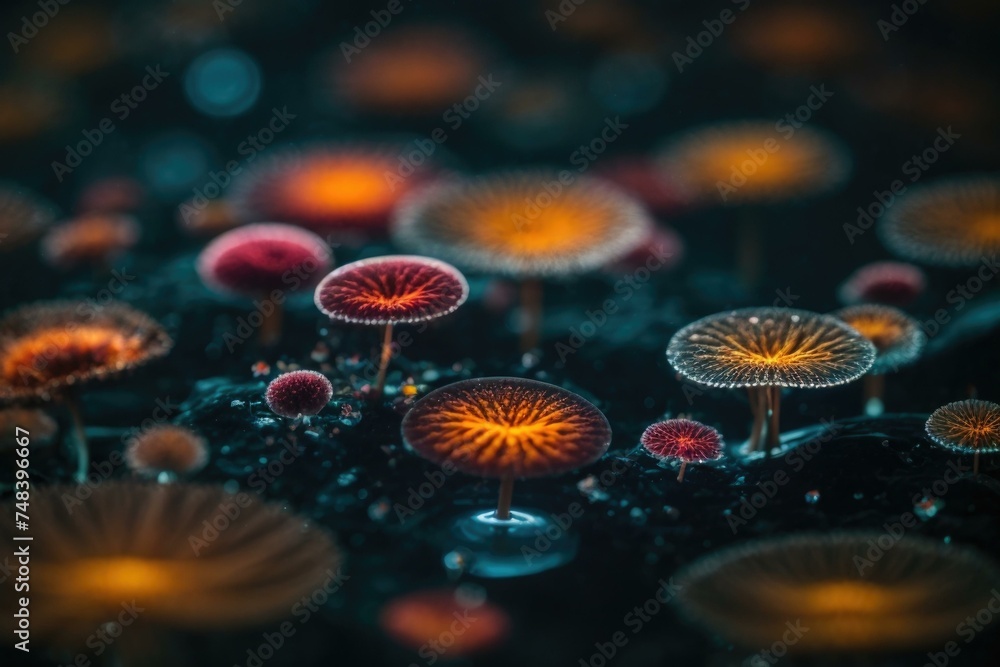 Poster a group of colorful mushrooms in the dark. generative ai.