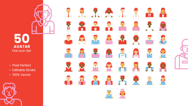 Set of 50 Flat Icons Related to Avatar. Pixel Perfect Icon. Flat Icon Collection. Fully Editable. Vector Illustration.