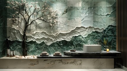 White, black and green ceramic tiles arranged in the shape of trees on the walls of a luxurious room.