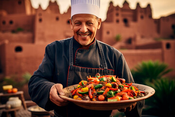 Moroccan Culinary Symphony: A talented Moroccan chef presents a tagine adorned with vegetables, a delightful and emblematic dish, offering a taste of the country's rich culinary heritage