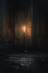 Fototapeta na wymiar A single candle shines brightly in a dark, mysterious room.