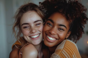 Two interracial best friends laughing and having a good time together in a studio - obrazy, fototapety, plakaty