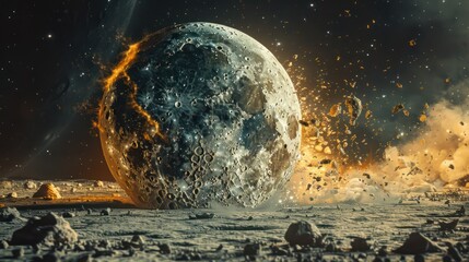A meteorite hits the moon and shatters it into pieces. - obrazy, fototapety, plakaty