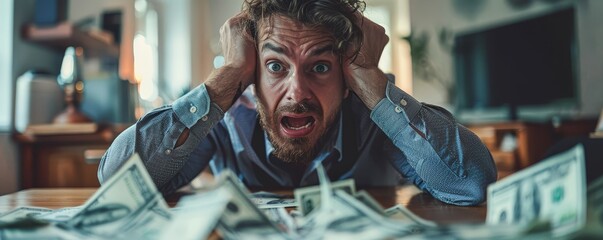 An annoyed employee facing financial difficulties - obrazy, fototapety, plakaty
