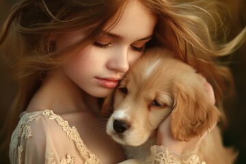 Beautiful young woman playing with a puppy. The dog plays in the park. A pet