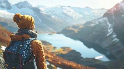 woman with a hat and backpack looking at the mountains and lake from the top of a mountain in the sun light, with a view of the mountains	 - obrazy, fototapety, plakaty