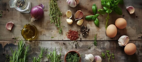 A top-down view of an assortment of vegetables, herbs, and spices spread across an aged wooden table, with red onions, garlic, and eggs as part of the backdrop.