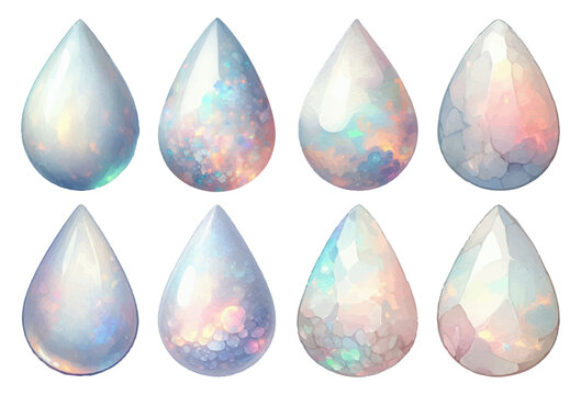 Teardrop-shaped white opal rhinestone watercolor illustration material set