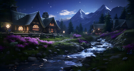an animated landscape with a lit cottage and stream in the night