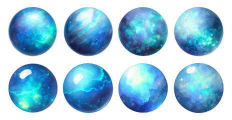 Round-shaped blue opal rhinestone watercolor illustration material set