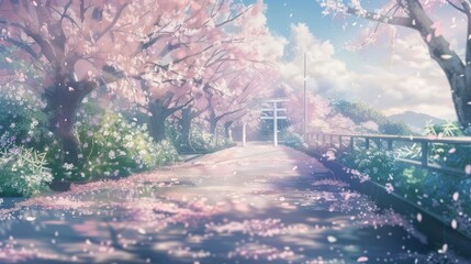 Soft Pastel Anime Background with Cherry Blossom Trees