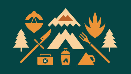 tourism, hiking and vacation doodle icons set. camping watercolor illustration. for printing on stickers, logos, postcards, cards. summer travel.