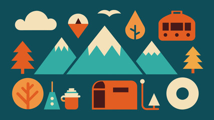 tourism, hiking and vacation doodle icons set. camping watercolor illustration. for printing on stickers, logos, postcards, cards. summer travel.