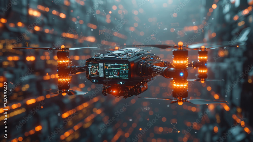 Poster a surreal futuristic scene featuring flying drones augmented reality interfaces and holographic disp