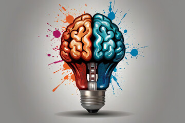 Unique caravel-shaped light bulb with brain inside, UHD watercolor splatter style. Bright colors perfect for t-shirt design. Brain with light bulb AI concept. SEO-friendly.