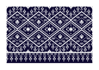 Obraz premium Seamless pattern, traditional white ikat village tribal design on dark blue background design for textile, fabric, wrapping, carpet and background.
