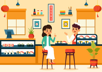 Sushi Bar Vector Illustration of Japan Asian Food or Restaurant of Sashimi and Rice for Eating with Soy Sauce and Wasabi in Flat Cartoon Background