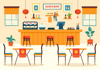 Sushi Bar Vector Illustration of Japan Asian Food or Restaurant of Sashimi and Rice for Eating with Soy Sauce and Wasabi in Flat Cartoon Background