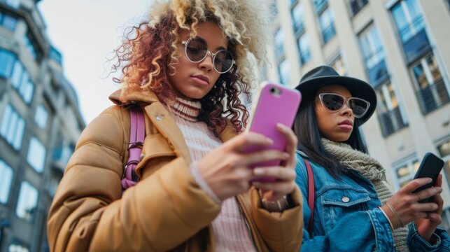 Young women using smartphones in the city generative ai