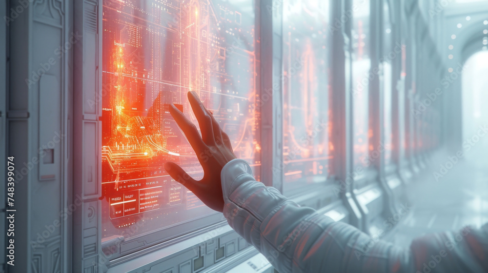 Poster in a sleek and minimalist animated world a virtual hand seamlessly glides through a series of futuri