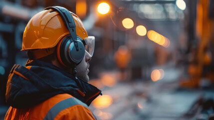 Work safety with helmet and hearing protection in industry