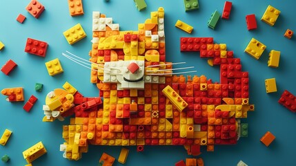 cat made of legos, flat background generative ai