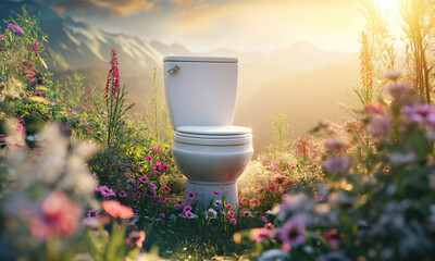  The toilet sits on an alpine mountain surrounded by alpine grasses. Alpine aroma bathroom air freshener creative concept. - obrazy, fototapety, plakaty