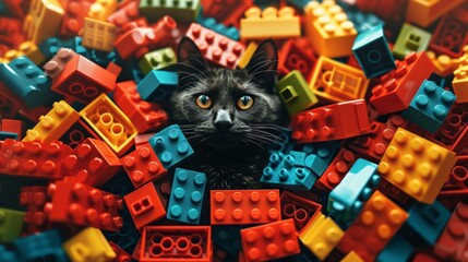 cat made of legos, flat background generative ai - obrazy, fototapety, plakaty