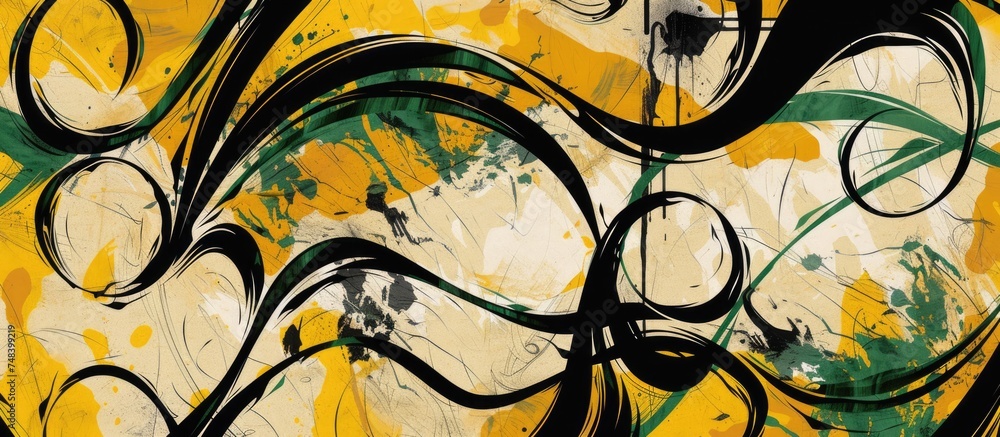 Poster an abstract painting featuring a striking combination of black and yellow colors, showcasing an arti