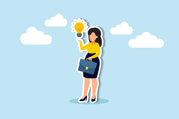 Businesswoman strategizing ideas, solutions, career planning, leveraging expertise to solve problems professionally concept, cheerful businesswoman got new idea lightbulb in her hand.