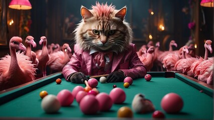 Cheshire Cat playing pool  with flamingos 