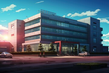 Fototapeta na wymiar Vibrant Office building exterior anime visual novel game. Urban district. Generate Ai