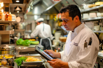 Fototapeta na wymiar Focused Chef Reviewing Recipes on a Tablet in a Busy Professional Kitchen