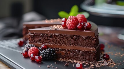 Chocolate cake with raspberries and blackberries, selective focus