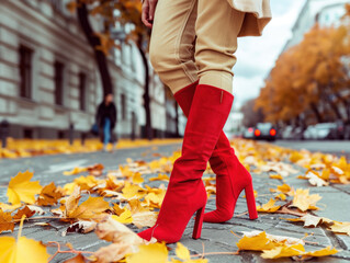 A stylish woman struts in knee-high red suede boots, striking a pose among yellow autumn leaves. Her ensemble exudes elegance and embodies female fashion. - obrazy, fototapety, plakaty